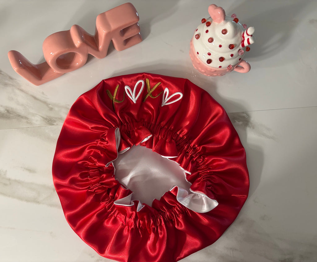 XOXO Satin Embroidered Bonnet – Valentine’s Edition