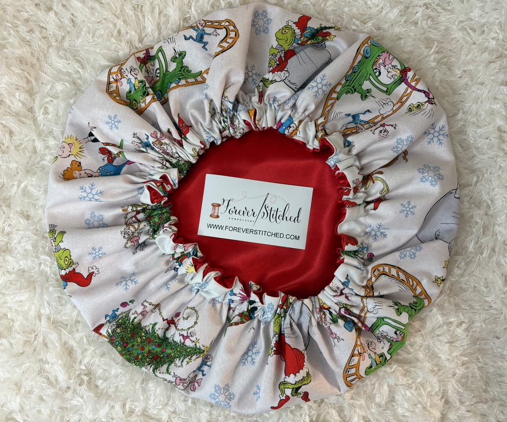 Grinch “Stole Christmas” Cotton Bonnet with Charmeuse Satin Lining | Holiday Satin Hair Bonnet for Curly & Natural Hair