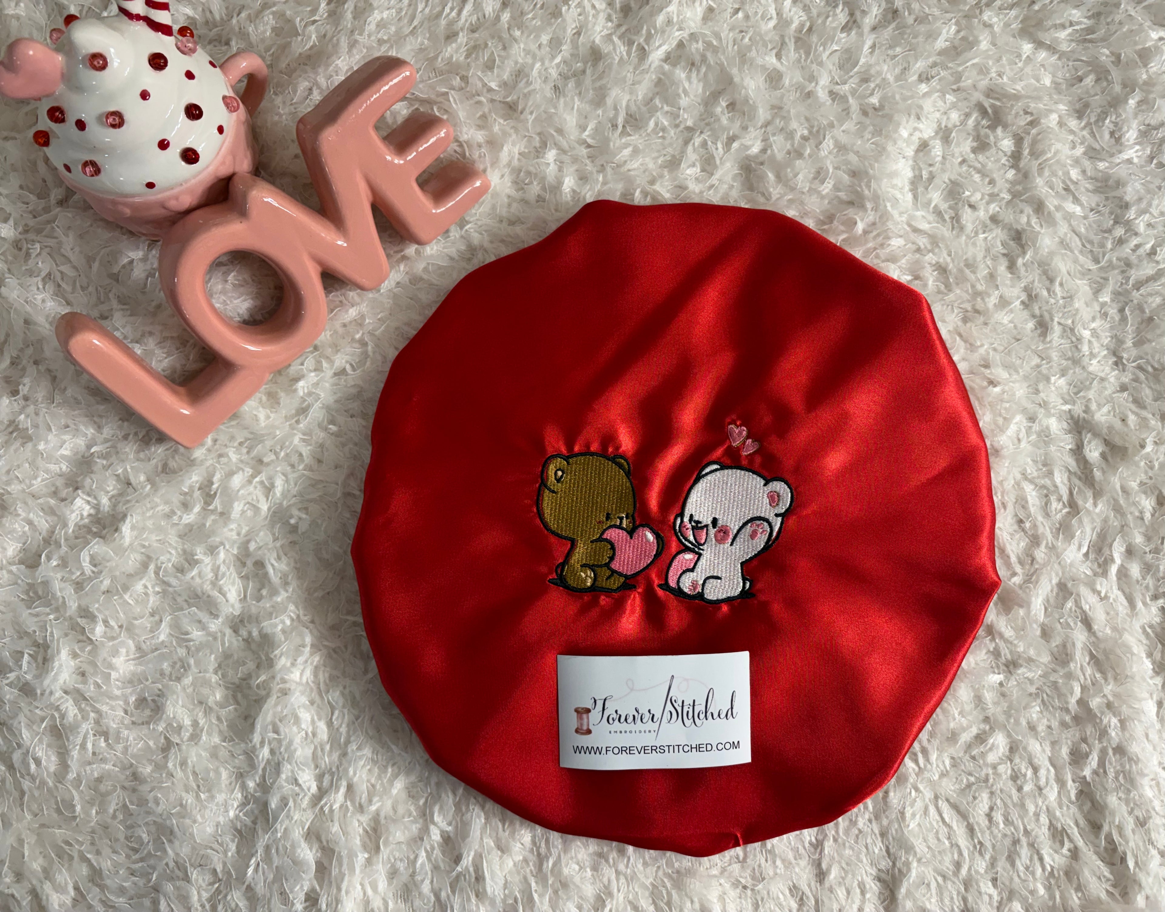Valentine Satin Hair Bonnet – Charmeuse Satin Sleep Bonnet with Teddy Bears & Hearts