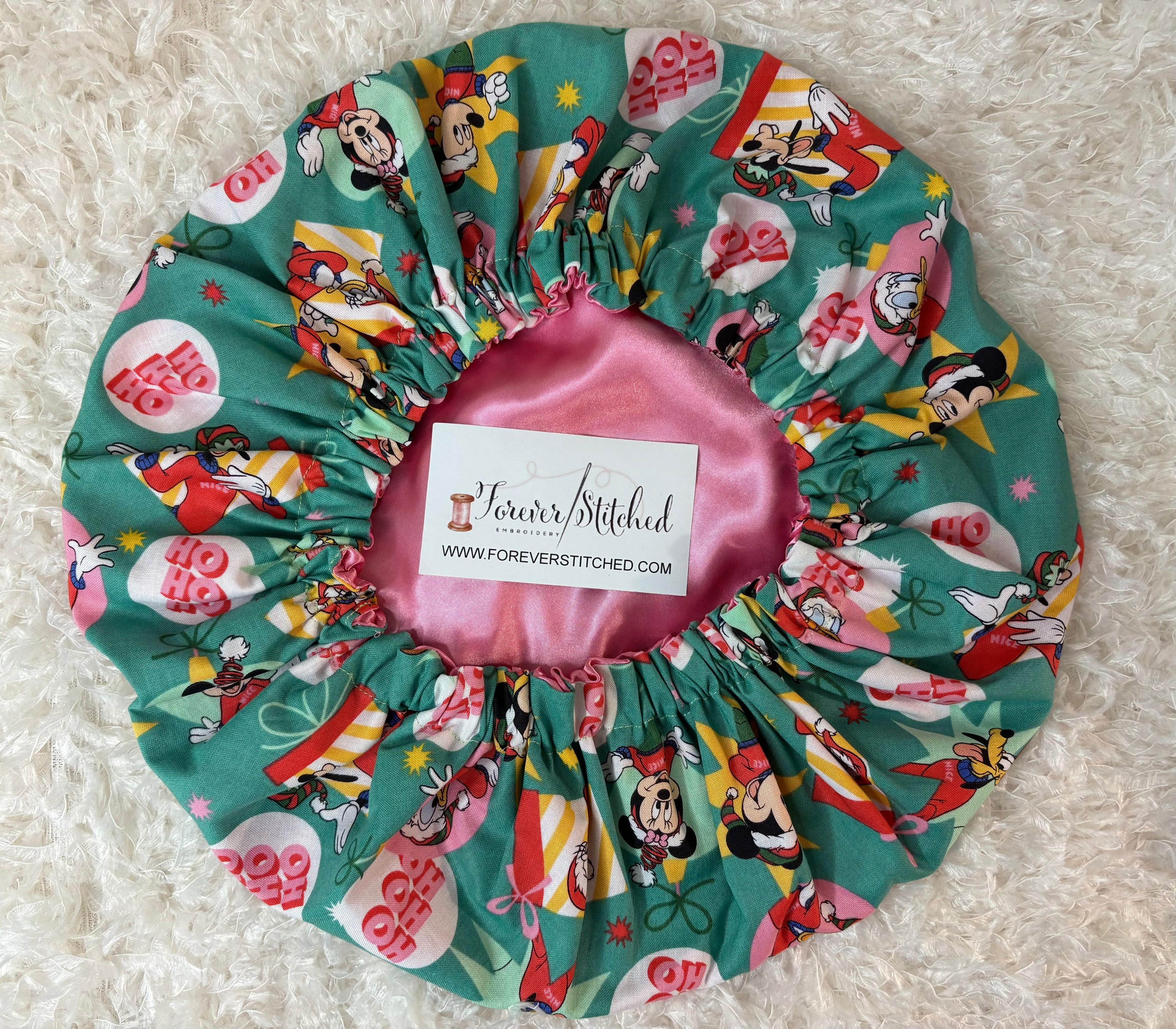 Mickey & Friends “Mickey & Minnie” Cotton Bonnet with Charmeuse Satin Lining | Holiday Satin Hair Bonnet for Curly & Natural Hair