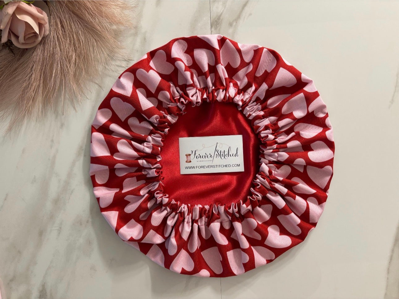 Red Valentine Print & Satin Hair Bonnet – Charmeuse Satin Sleep Bonnet with Pink Heart Print