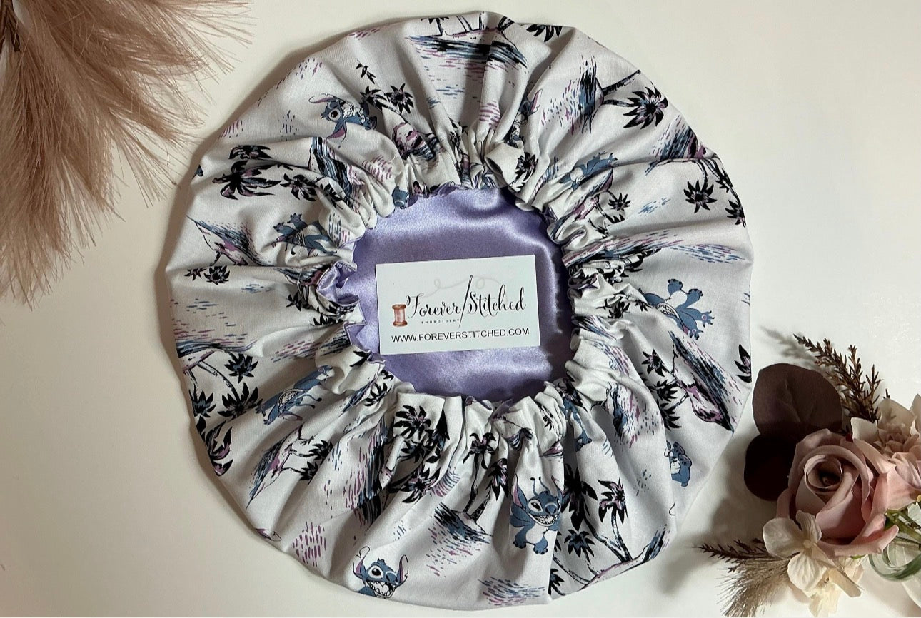 Stitch Tropical Cotton Print Bonnet with Charmeuse Satin Lining | Print Satin Hair Bonnet for Curly & Natural Hair