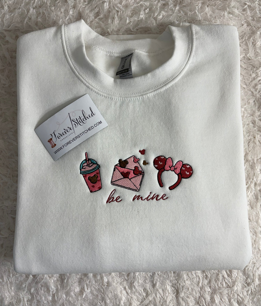 Be Mine Valentine Embroidered Sweatshirt – Cozy Valentine Crewneck with Love Icons