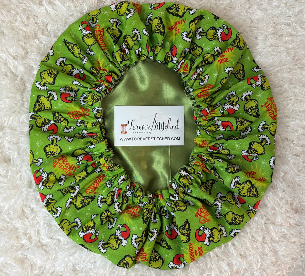 Grinch “Feeling Grinchy” Cotton Bonnet with Charmeuse Satin Lining | Holiday Satin Hair Bonnet for Curly & Natural Hair