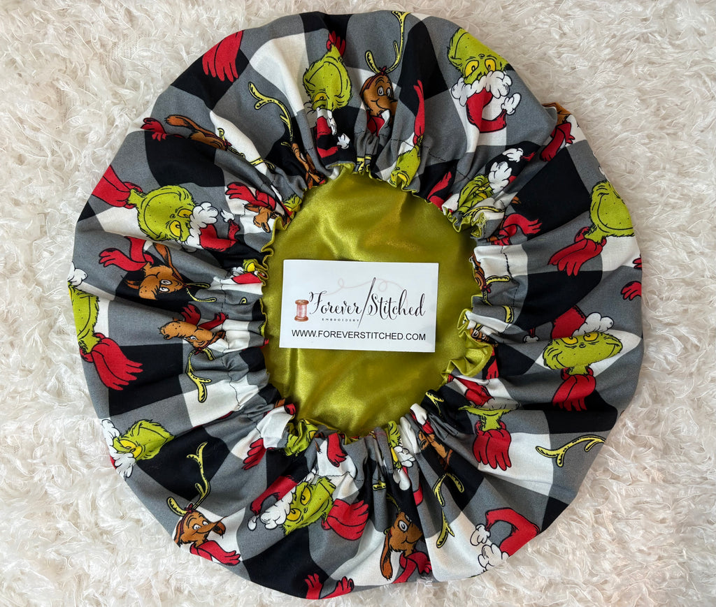 Grinch “Grinch Checkerboard” Cotton Bonnet with Charmeuse Satin Lining | Holiday Satin Hair Bonnet for Curly & Natural Hair