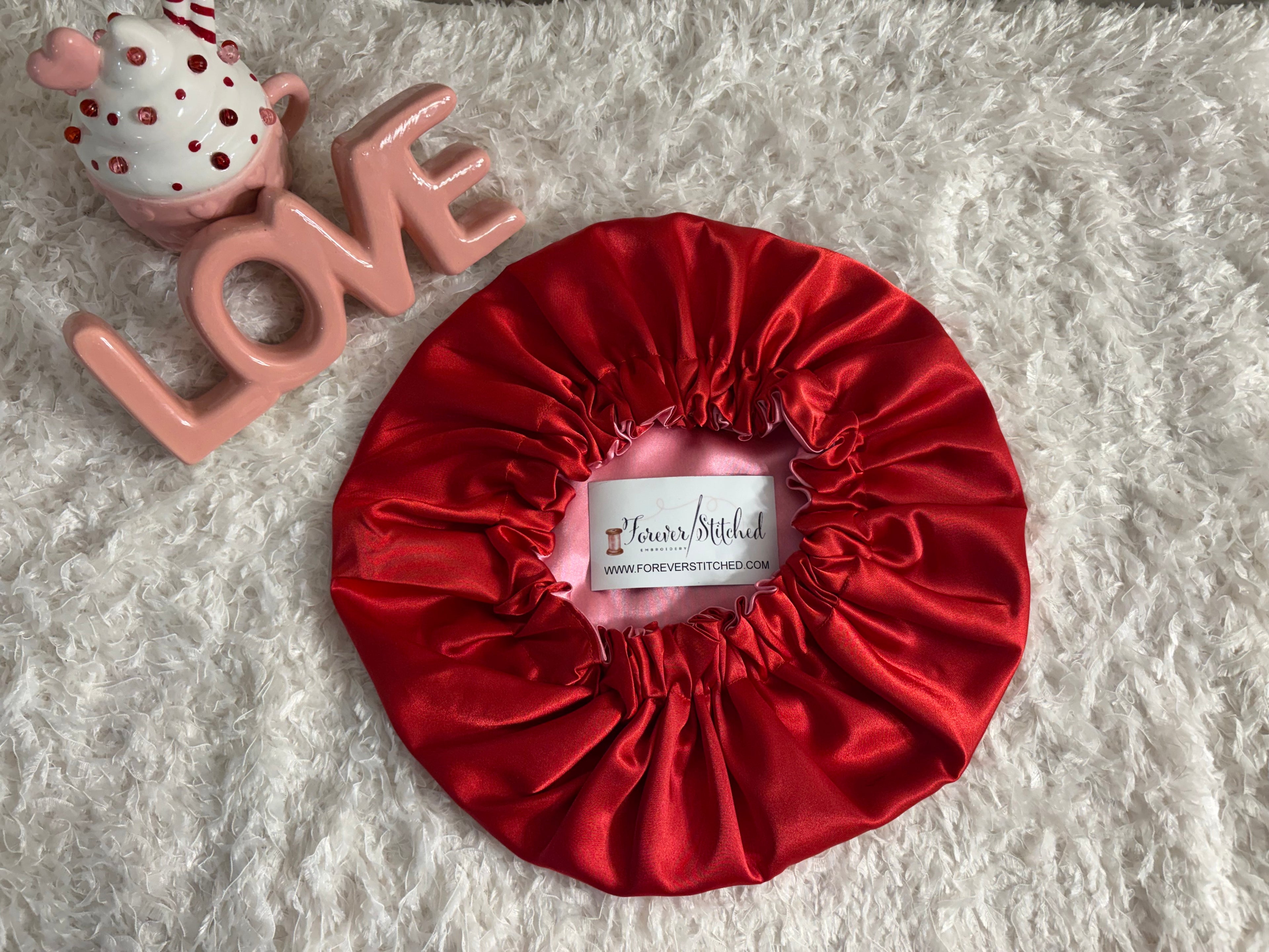 Valentine Satin Hair Bonnet – Charmeuse Satin Sleep Bonnet with Teddy Bears & Hearts