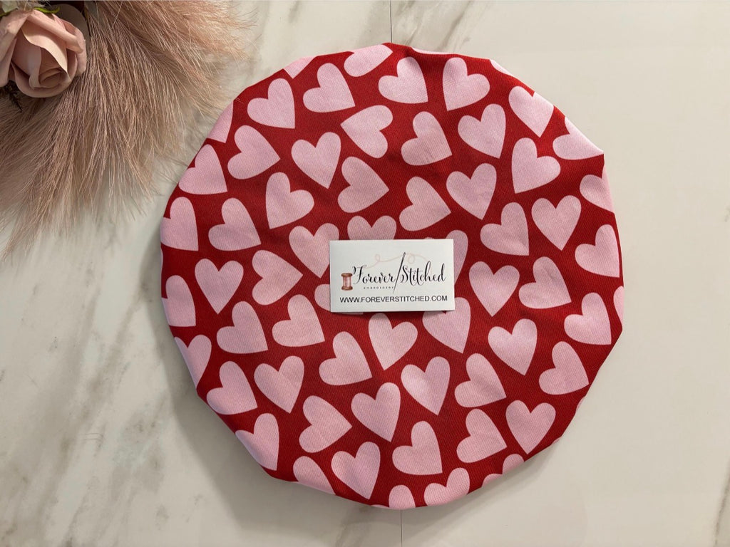 Red Valentine Print & Satin Hair Bonnet – Charmeuse Satin Sleep Bonnet with Pink Heart Print