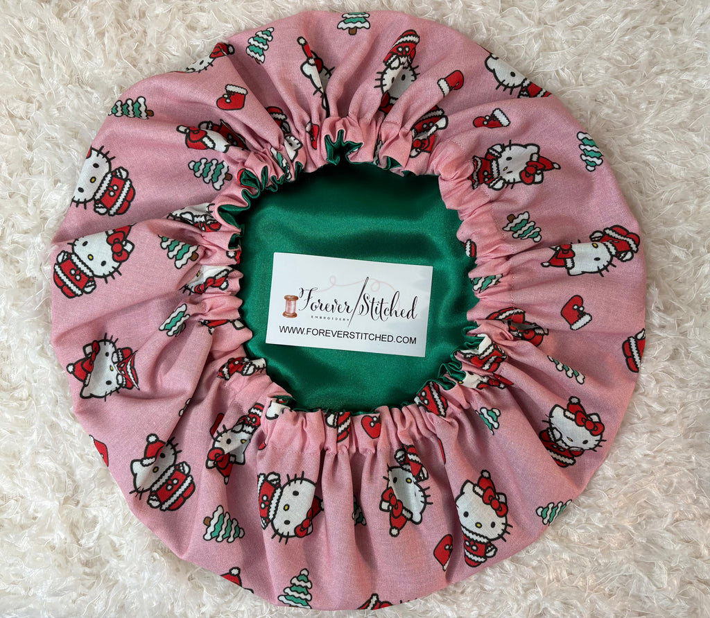 Hello Kitty Mickey Christmas Print Bonnet with Charmeuse Satin Lining | Print Satin Hair Bonnet for Curly & Natural Hair
