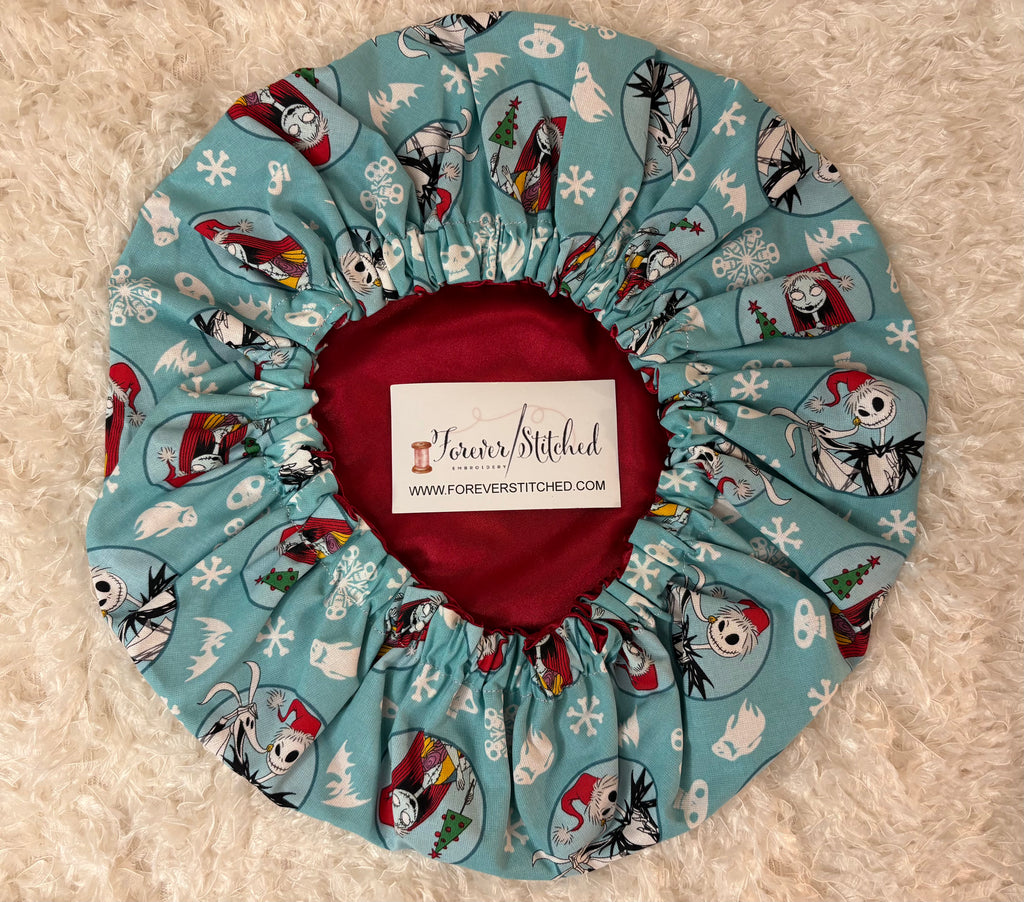 Jack & Sally Christmas Print Bonnet with Charmeuse Satin Lining | Print Satin Hair Bonnet for Curly & Natural Hair