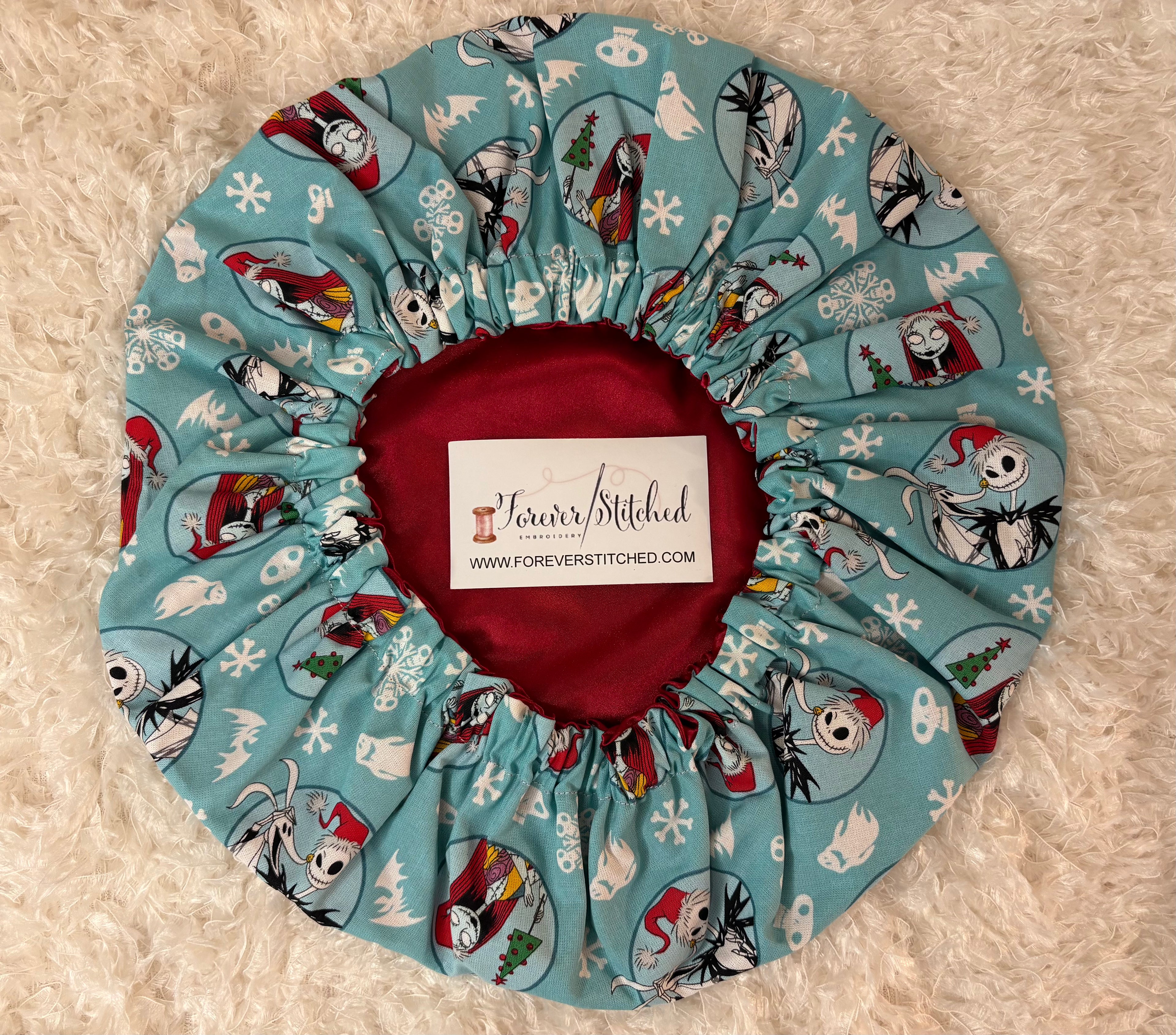 Jack & Sally Christmas Print Bonnet with Charmeuse Satin Lining | Print Satin Hair Bonnet for Curly & Natural Hair