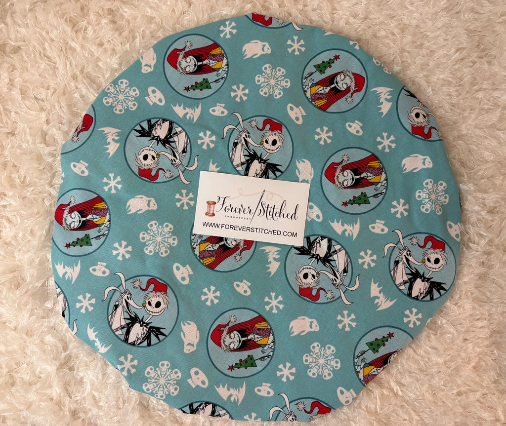 Jack & Sally Christmas Print Bonnet with Charmeuse Satin Lining | Print Satin Hair Bonnet for Curly & Natural Hair
