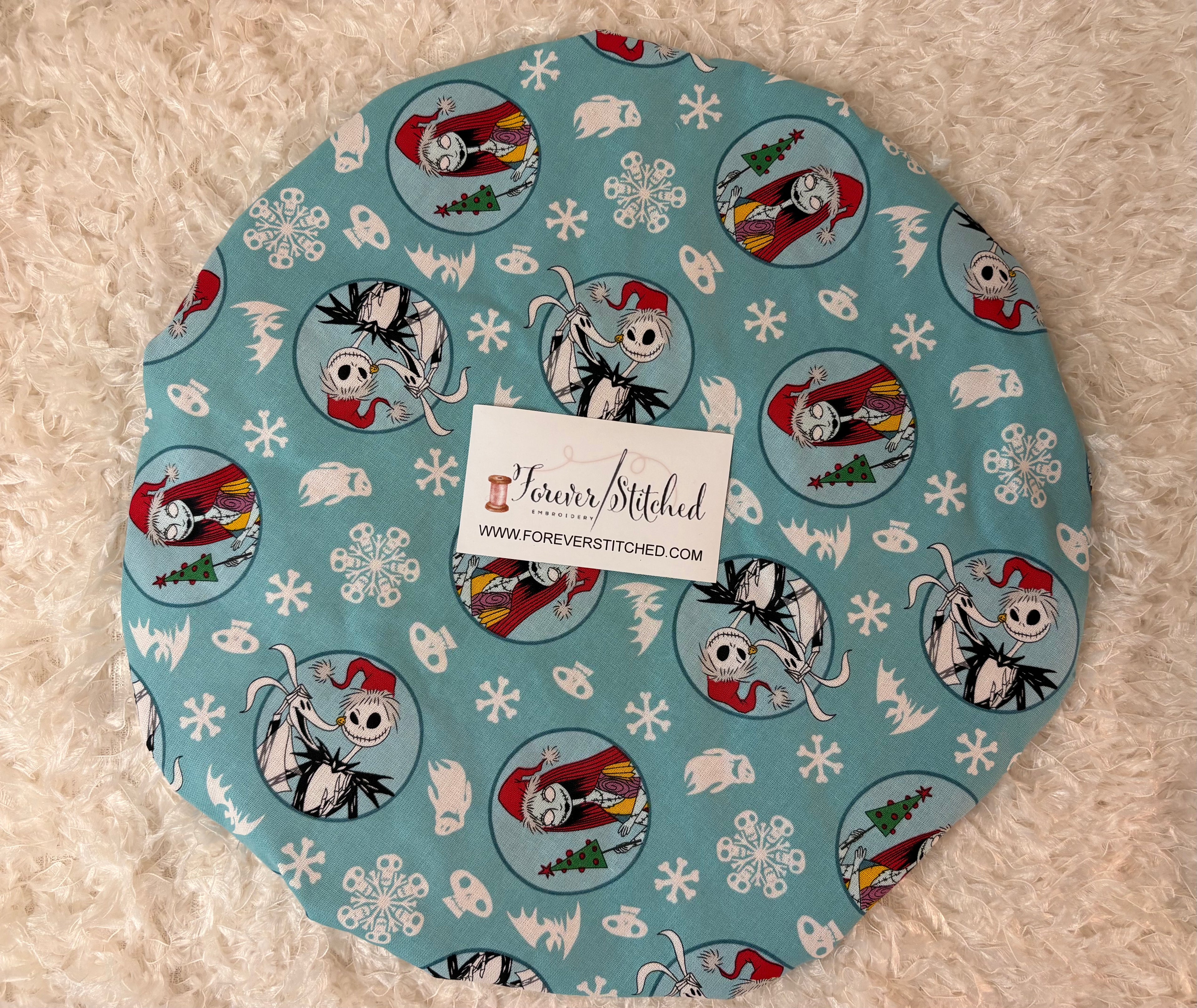 Jack & Sally Christmas Print Bonnet with Charmeuse Satin Lining | Print Satin Hair Bonnet for Curly & Natural Hair