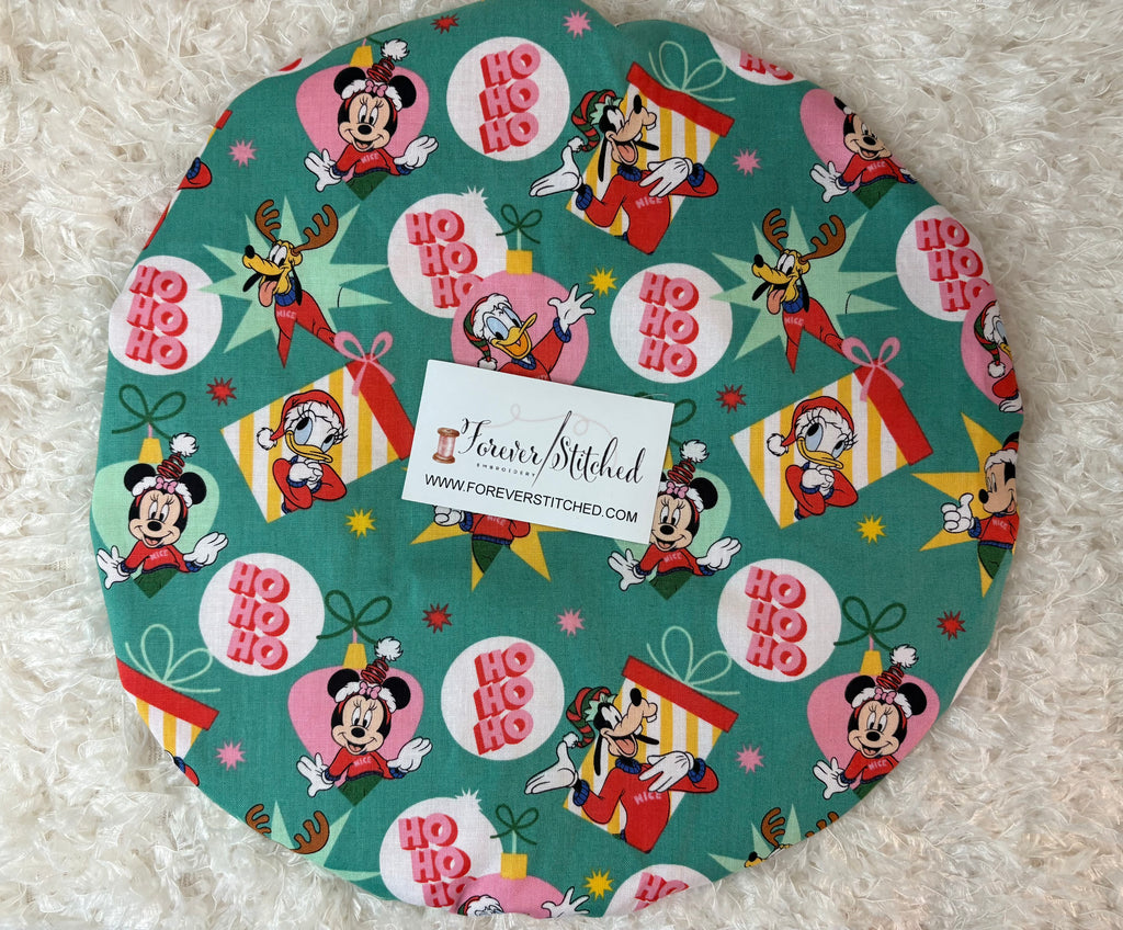 Ho Ho Ho Mickey & Crew Christmas Print Bonnet with Charmeuse Satin Lining | Print Satin Hair Bonnet for Curly & Natural Hair