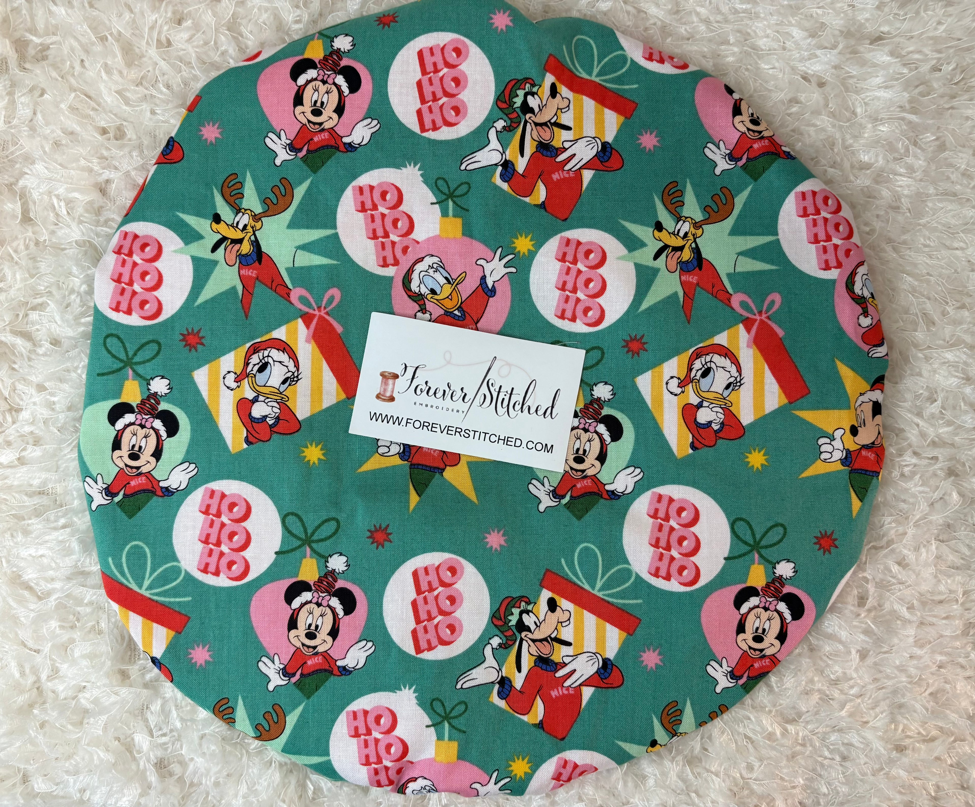 Ho Ho Ho Mickey & Crew Christmas Print Bonnet with Charmeuse Satin Lining | Print Satin Hair Bonnet for Curly & Natural Hair