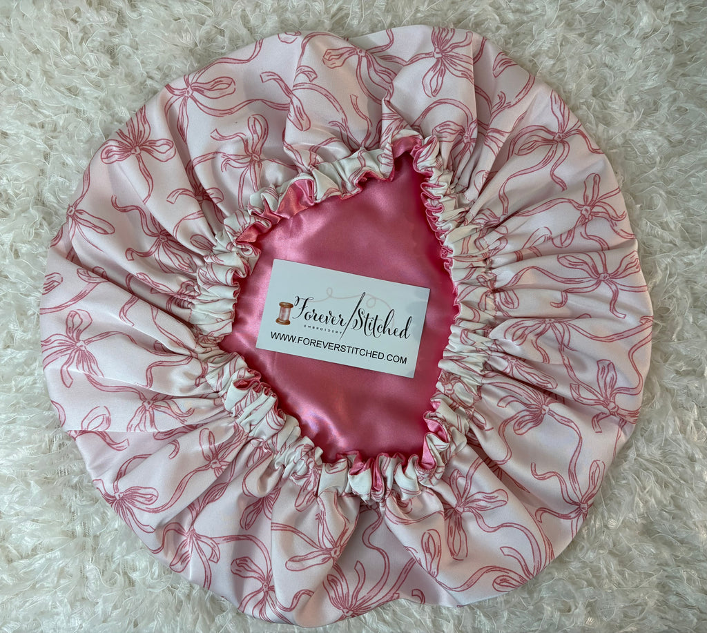 Pink Ribbon Cotton Print Bonnet with Charmeuse Satin Lining | Print Satin Hair Bonnet for Curly & Natural Hair