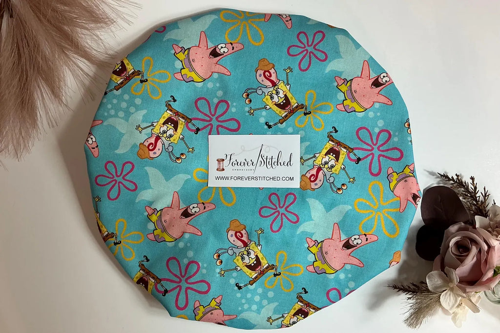 Sponge Bob Cotton Bonnet with Charmeuse Satin Lining | Print Satin Hair Bonnet for Curly & Natural Hair