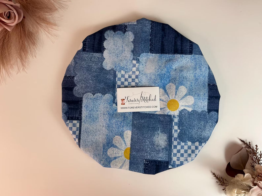 Denim Sunflower Cotton Bonnet with Charmeuse Satin Lining | Print Satin Hair Bonnet for Curly & Natural Hair