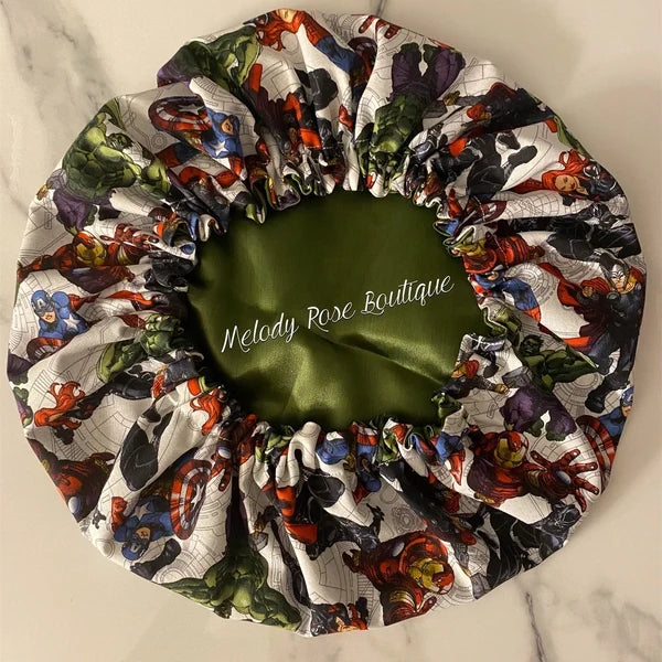 Marvel Super Heros Cotton Bonnet with Charmeuse Satin Lining | Print Satin Hair Bonnet for Curly & Natural Hair