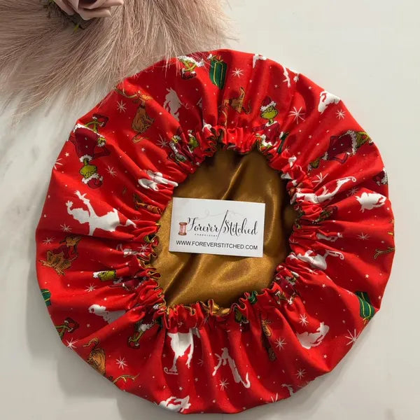 Grinchmas Skating Cotton Bonnet with Charmeuse Satin Lining | Print Satin Hair Bonnet for Curly & Natural Hair