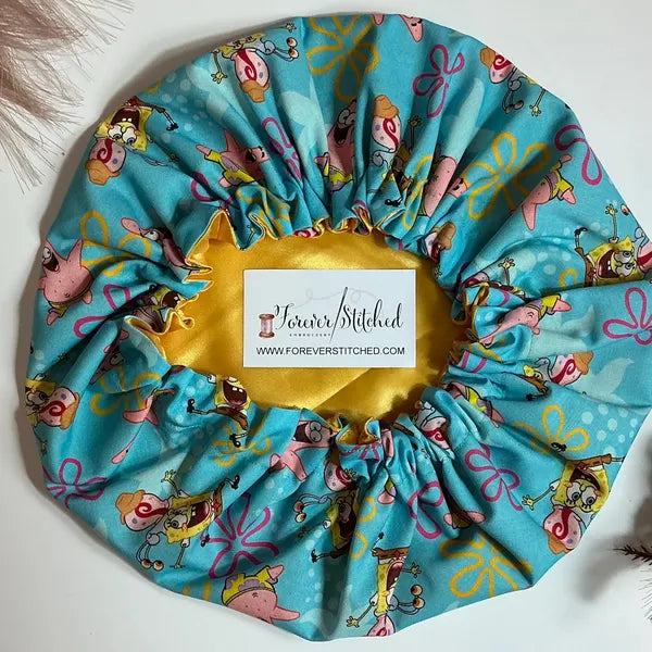 Sponge Bob Cotton Bonnet with Charmeuse Satin Lining | Print Satin Hair Bonnet for Curly & Natural Hair
