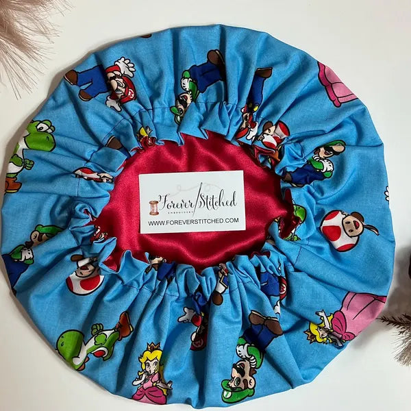 Mario Brothers “Mario & Crew” Cotton Bonnet with Charmeuse Satin Lining | Print Satin Hair Bonnet for Curly & Natural Hair
