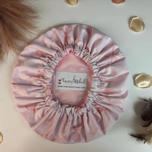 Pink Ribbon Cotton Bonnet with Charmeuse Satin Lining | Print Satin Hair Bonnet for Curly & Natural Hair