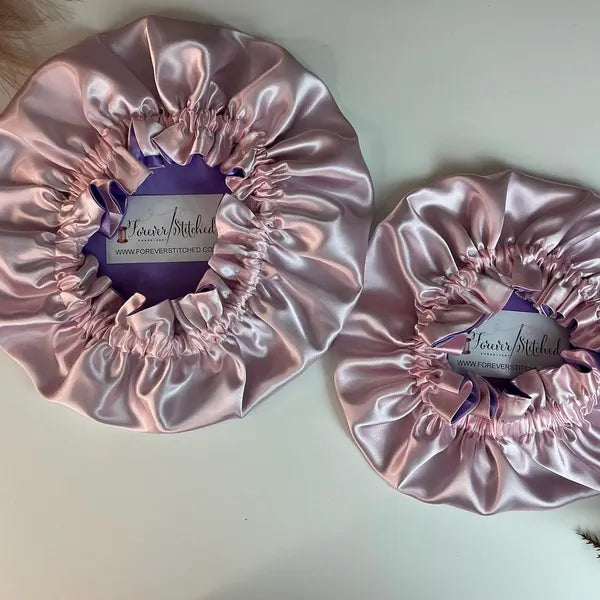 Charmeuse Silky Satin Mommy & Me 6-12 mo Sleeping Bonnet, Reversible Satin Hair Bonnet for Curly & Natural Hair, Adult Protective Sleep Cap Gift