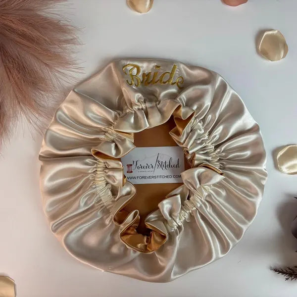 Bride Embroidered Bonnet with Charmeuse Satin Lining | Satin Hair Bonnet for Curly & Natural Hair