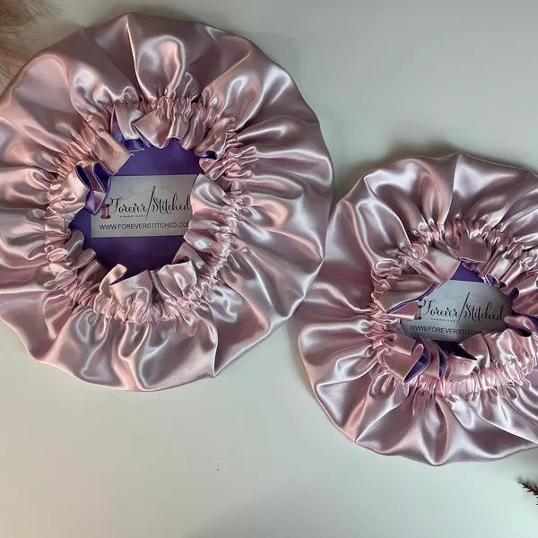 Charmeuse Silky Satin Mommy & Me 1-3 yrs Sleeping Bonnet, Reversible Satin Hair Bonnet for Curly & Natural Hair, Adult Protective Sleep Cap Gift