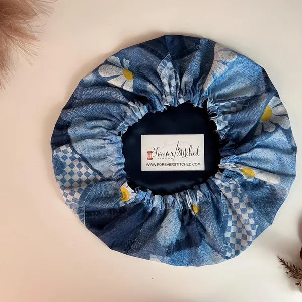 Denim Sunflower Cotton Bonnet with Charmeuse Satin Lining | Print Satin Hair Bonnet for Curly & Natural Hair
