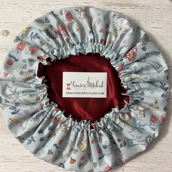Alice in Wonderland Cotton Bonnet with Charmeuse Satin Lining | Print Satin Hair Bonnet for Curly & Natural Hair